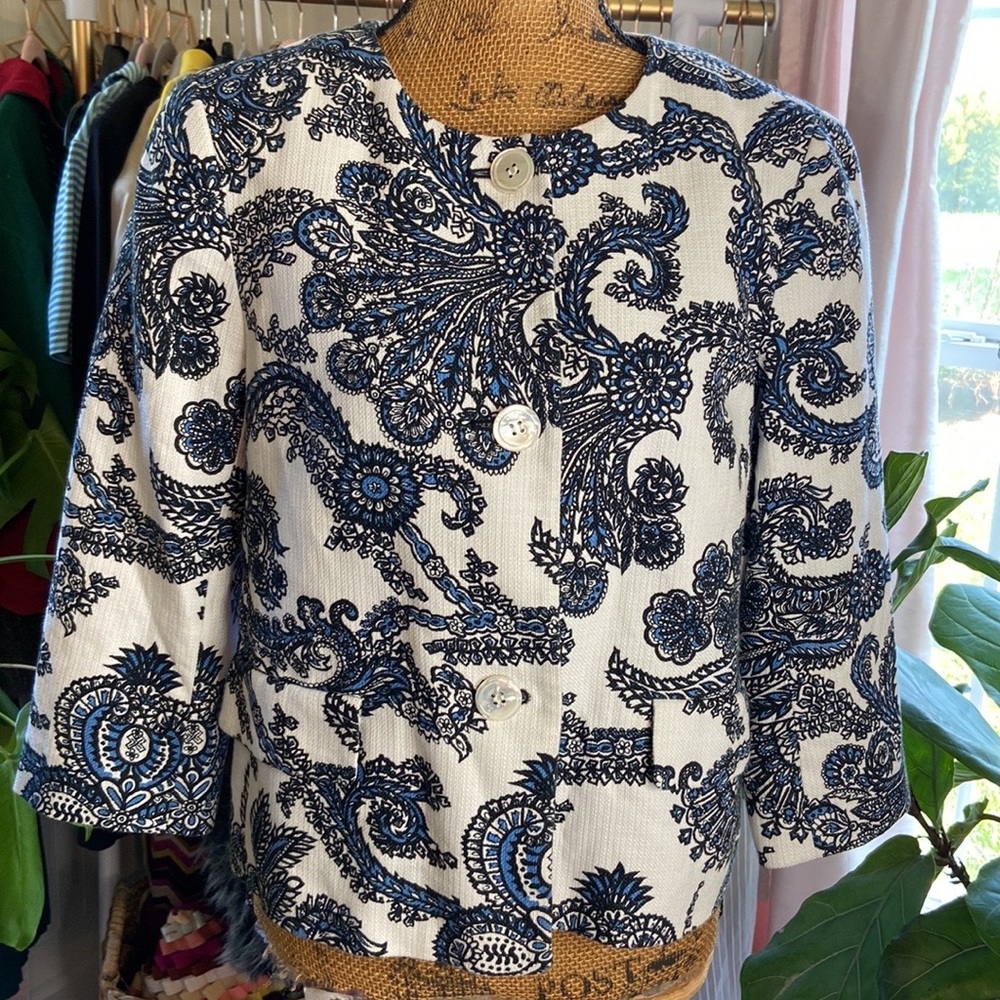 Talbots White Blue Black Paisley Blazer Sz 10